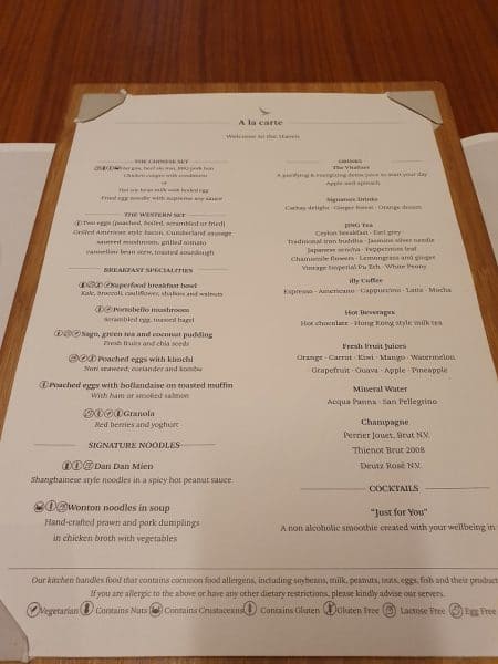 The breakfast menu at The Haven restaurant in The Wing, First Class lounge in Hong Kong
