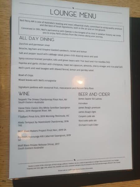 Menu for Qantas International First Lounge Sydney in December 2021