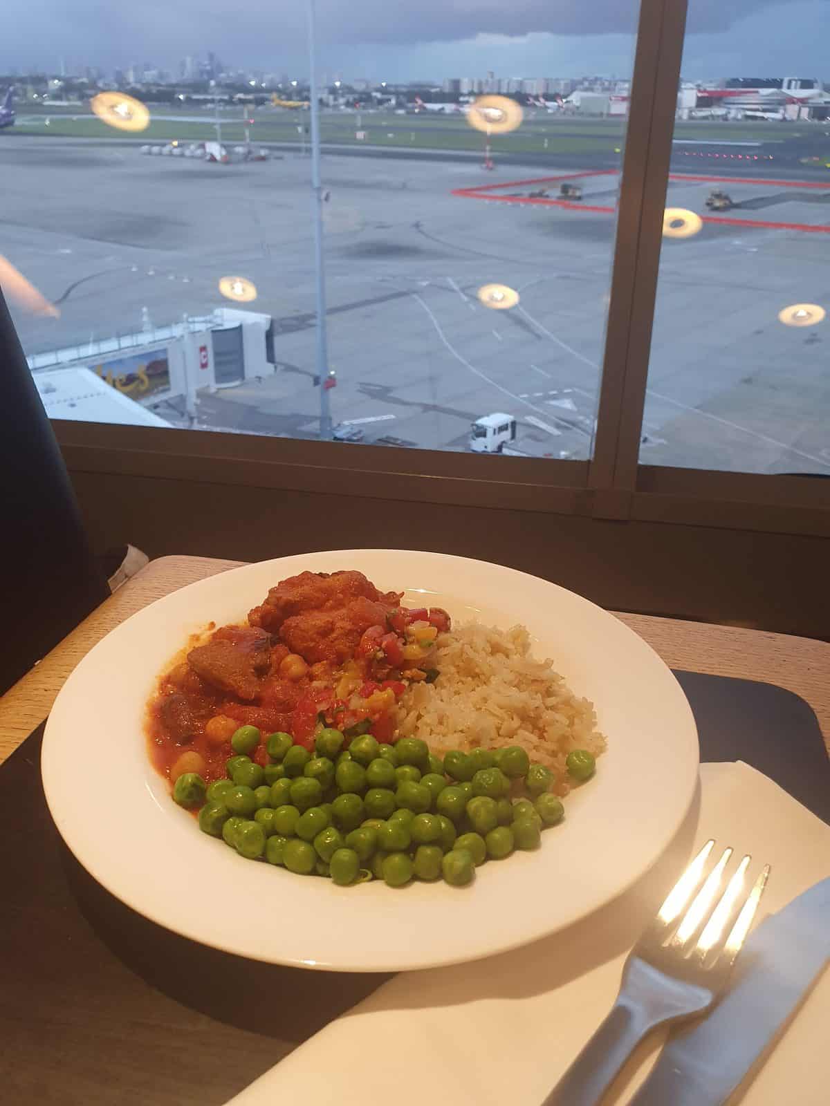 Qantas International First Lounge Sydney garlic and paprika chicken
