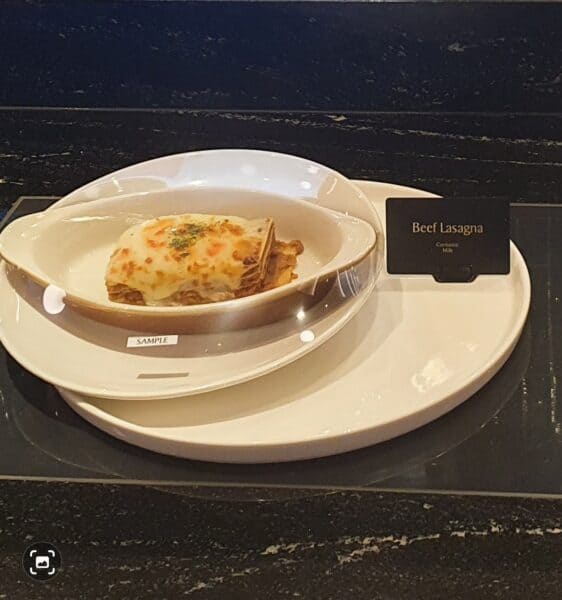 Allergen warning on Lasagne in Krisflyer lounge at Changi Airport