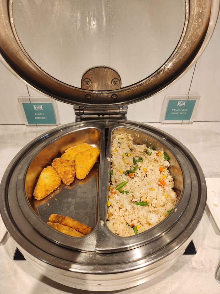 Hashbrowns and fried rice Fiji Airways Premier Lounges
