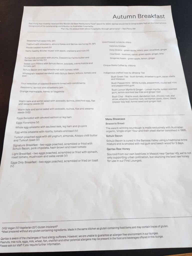 Qantas International First Lounge Melbourne (breakfast) Food and Nutrition Review (updated 2025) - Qantas International First Lounge Melbourne Menu in Qantas International First Lounge Melbourne June 2025