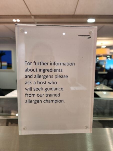 Allergy warning in the British Airways Galleries First Lounge T3 London Heathrow