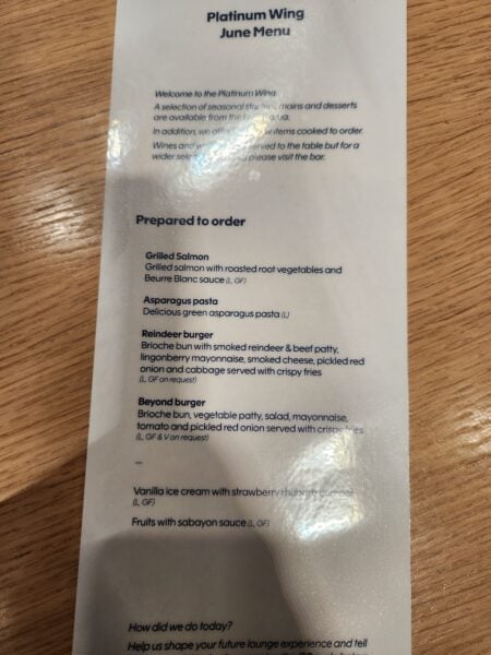 A la Carte dining in Finnair Platinum Wing June 2024