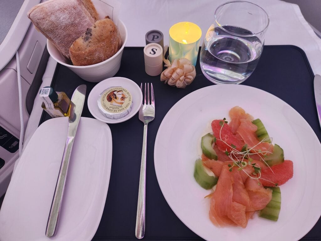 Fiji Airways Business Class Food Review - Melbourne to Nadi, Fiji - Fiji Airways business class smoked salmon starter fiji airways business class