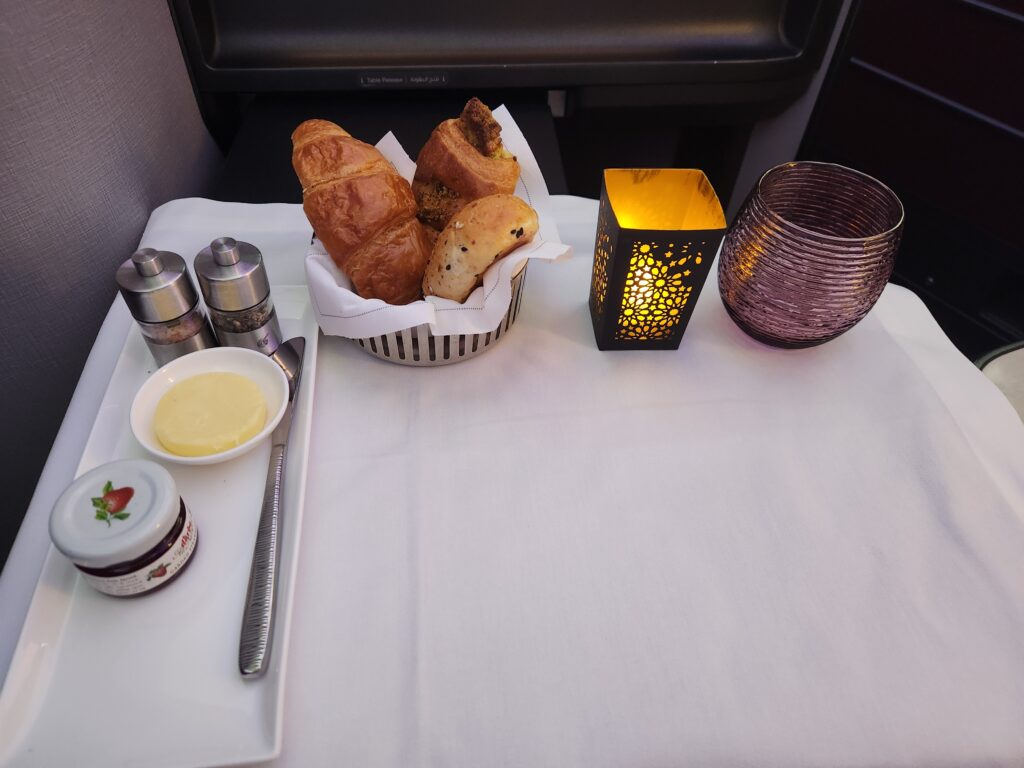Table set for first meal service in Qatar business class