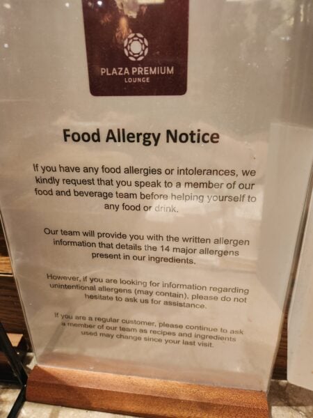 Food allergy information Plaza Premium London Heathrow T2