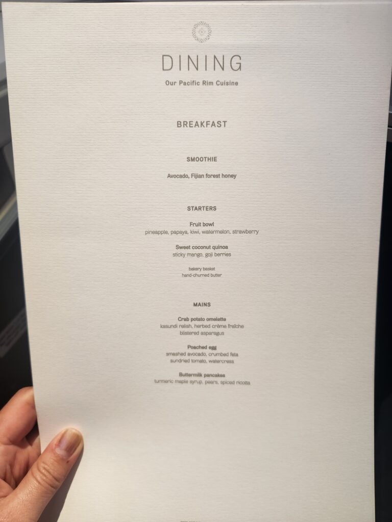 Fiji Airways business class breakfast menu