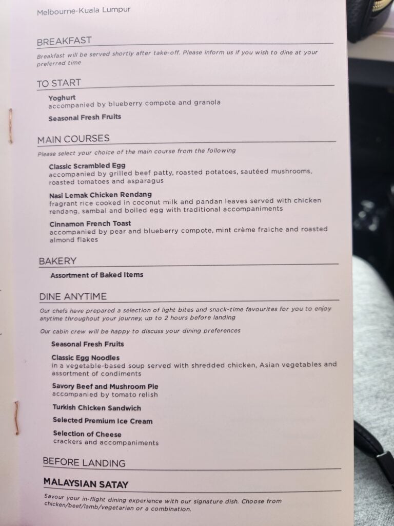Malaysia Airlines Business Class Food Review - Melbourne to Kuala Lumpur, Malaysia - Malaysia Airlines Business Class Food Malaysia Airlines business class food menu