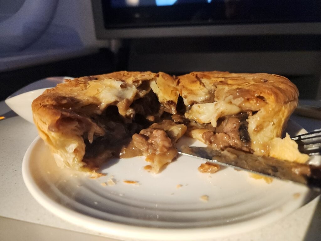 Malaysia Airlines Business Class Food Review - Melbourne to Kuala Lumpur, Malaysia - Malaysia Airlines Business Class Food Filling inside the beef pie malaysia Airlines