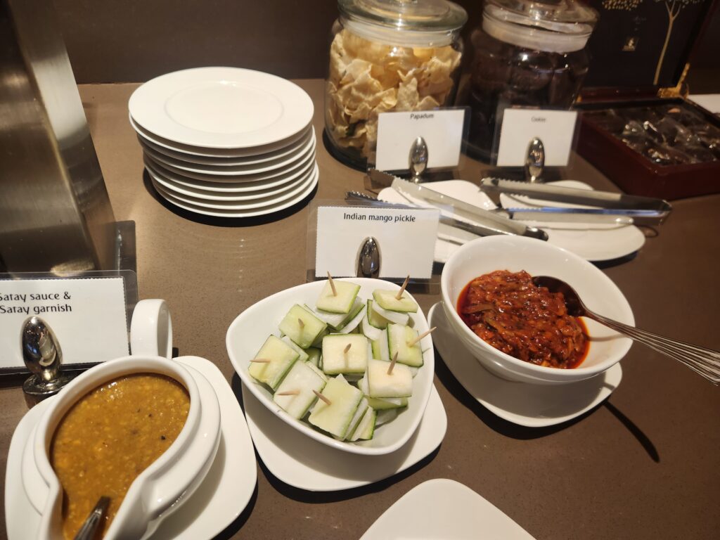 Satay sauce and cucumber for satay skewers Emirates Lounge Singapore