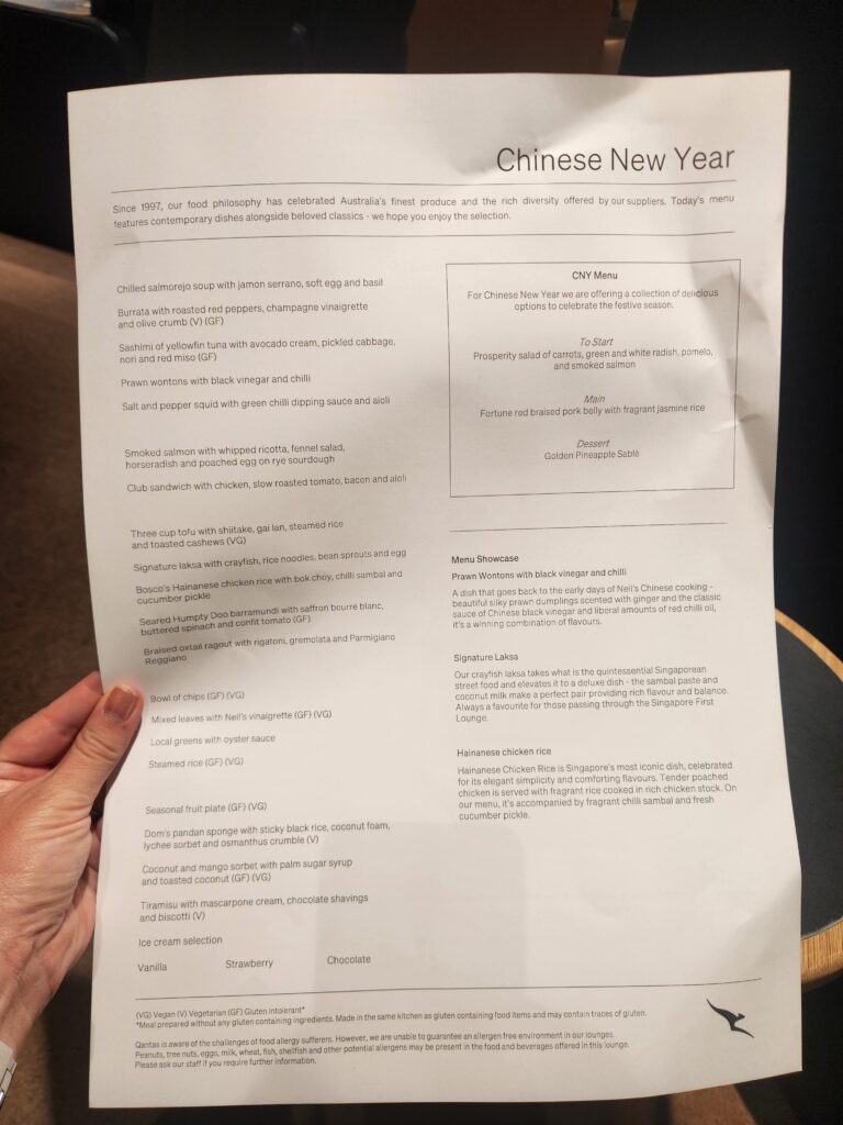 Qantas First Lounge Singapore Food and Nutrition Review (updated 2026) - Qantas First Lounge Singapore Food Qantas First Lounge Singapore food menu Feb 2026
