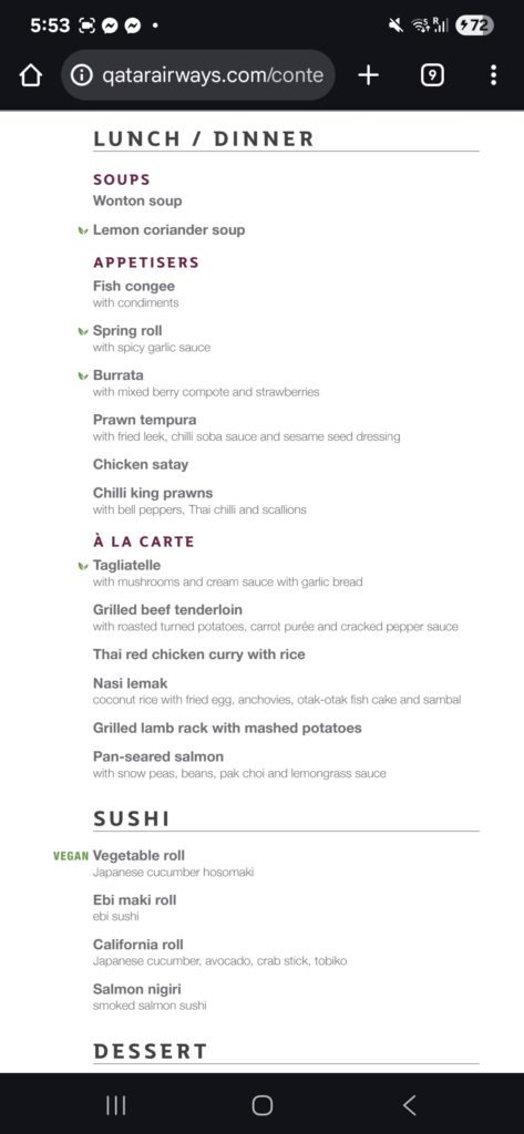 A la carte menu in Qatar Lounge Singapore 