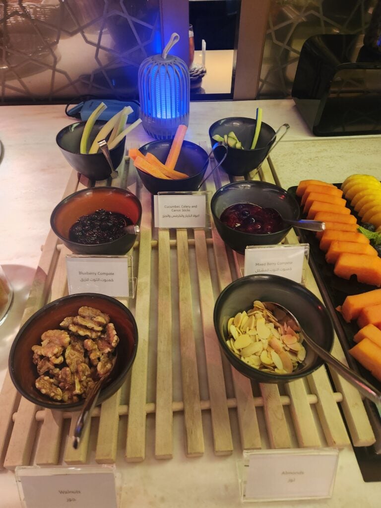 Vegetable sticks, nuts and berry compote Qatar Lounge Singapore