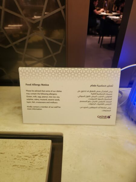 Food allergy sign Qatar Lounge Singapore