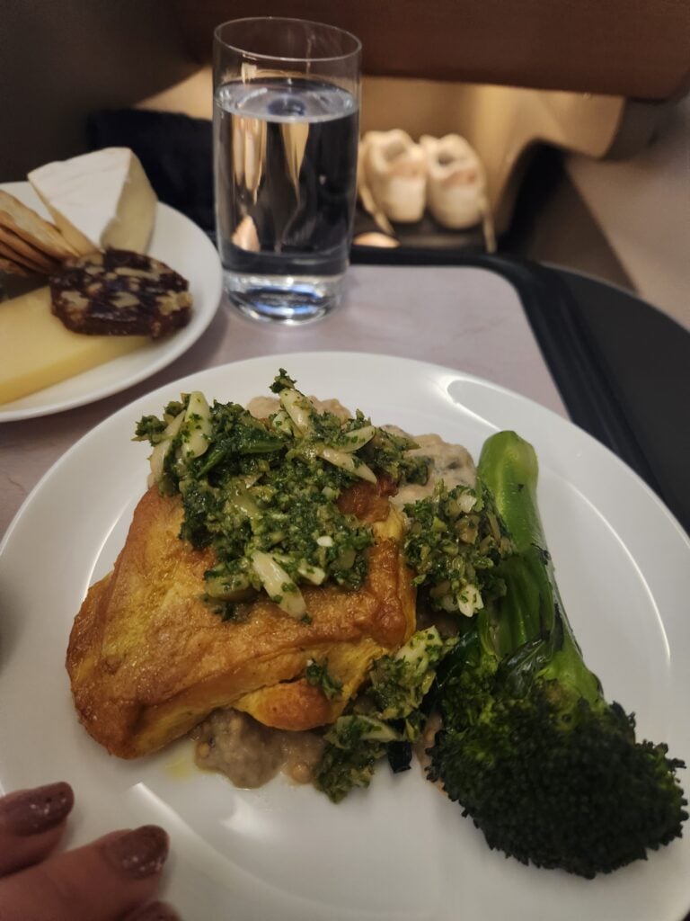Qantas Business Class Food Review - Singapore to Brisbane - Qantas Business Class Food Singapore to Brisbane Roast chicken with eggplant puree and an almond and olive dressing Qantas Business Class Singapore to Melbourne