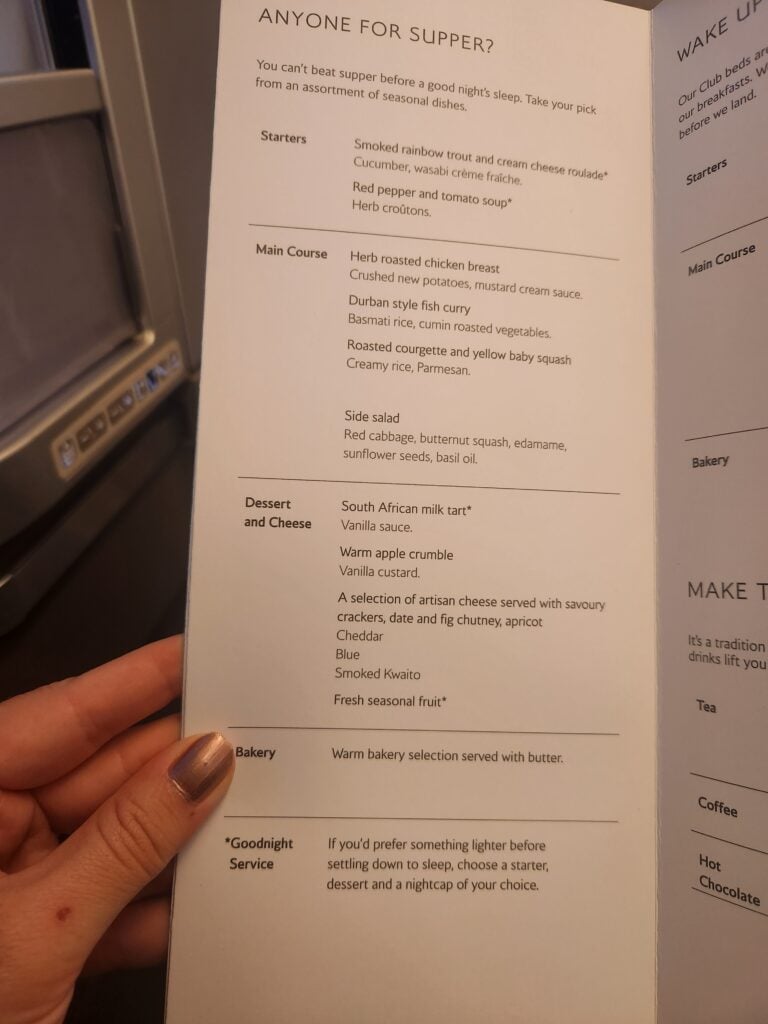 British Airways Business Class Food Review - Johannesburg to London (Heathrow) - British Airways Business Class food Supper menu British Airways Business Class food Johannesburg to London