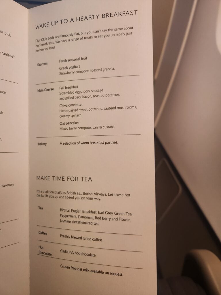 British Airways Business Class Food Review - Johannesburg to London (Heathrow) - British Airways Business Class food Breakfast menu British Airways Business Class food Johannesburg to London
