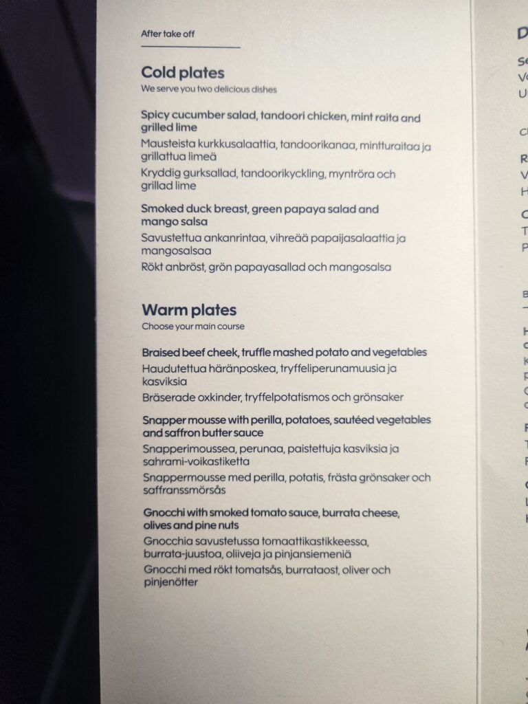 Dinner menu Finnair business class Singapore to Helsinki 2026