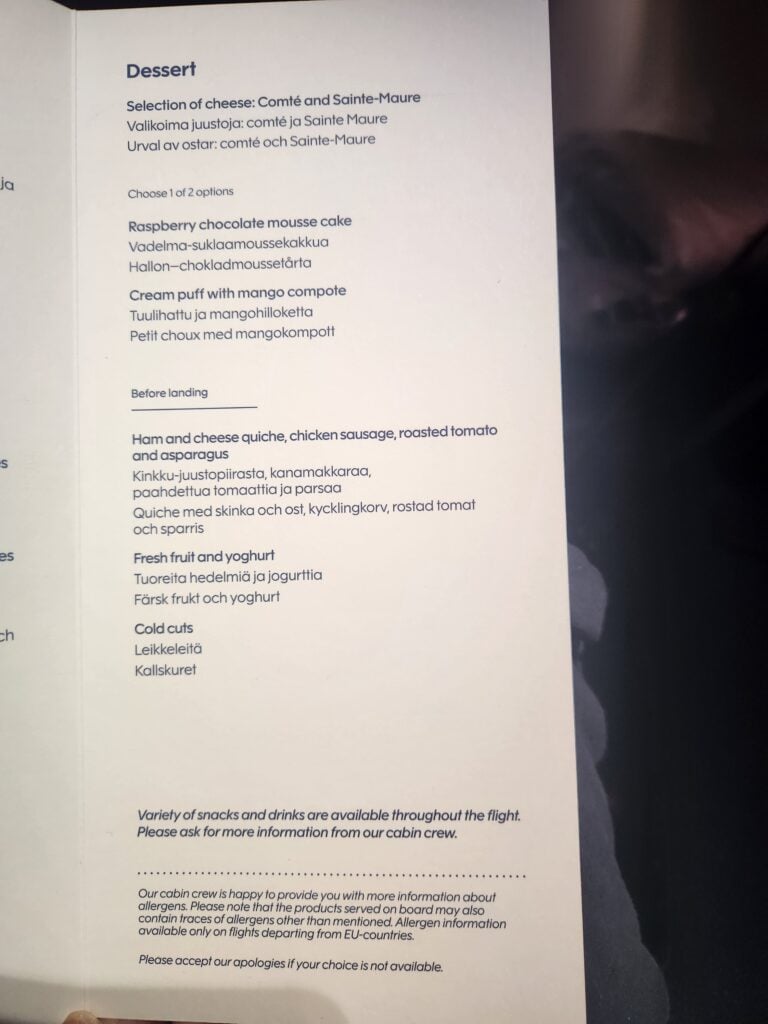 Breakfast menu Finnair business class Singapore to Helsinki 2026