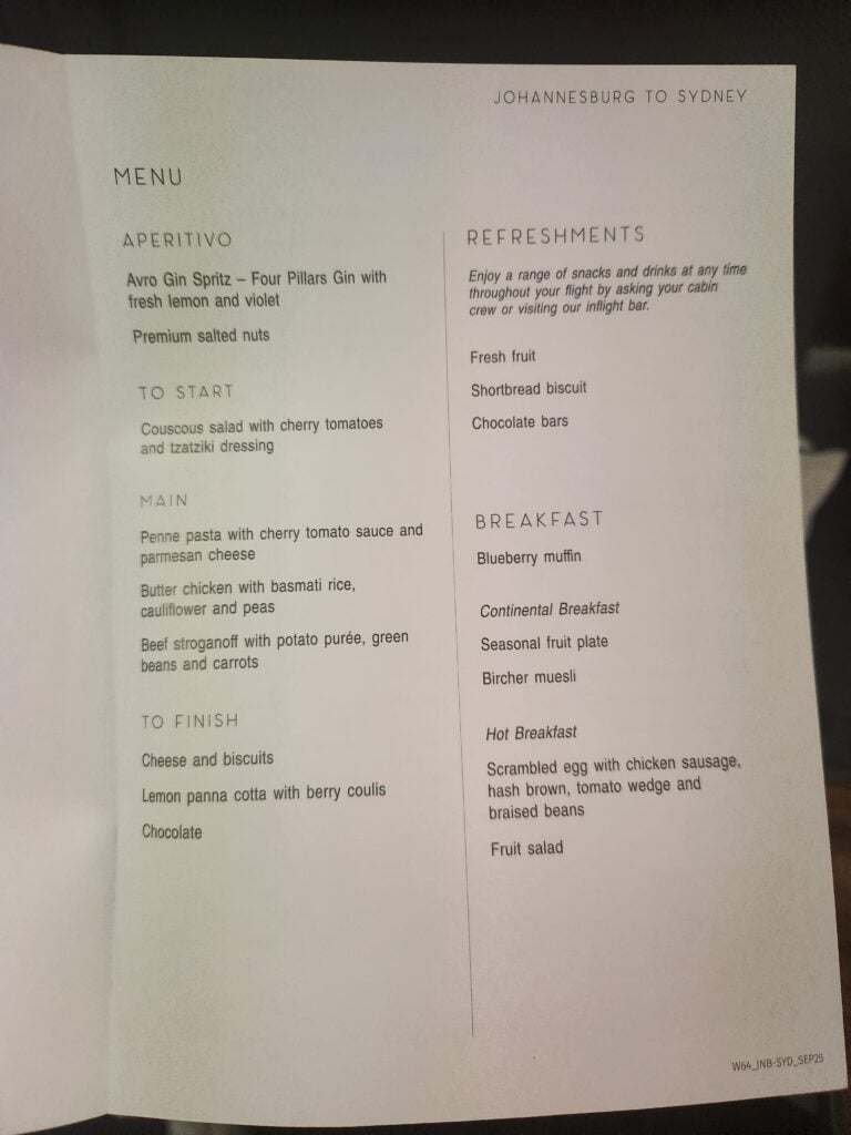 Qantas Premium Economy menu - Johannesburg to Sydney