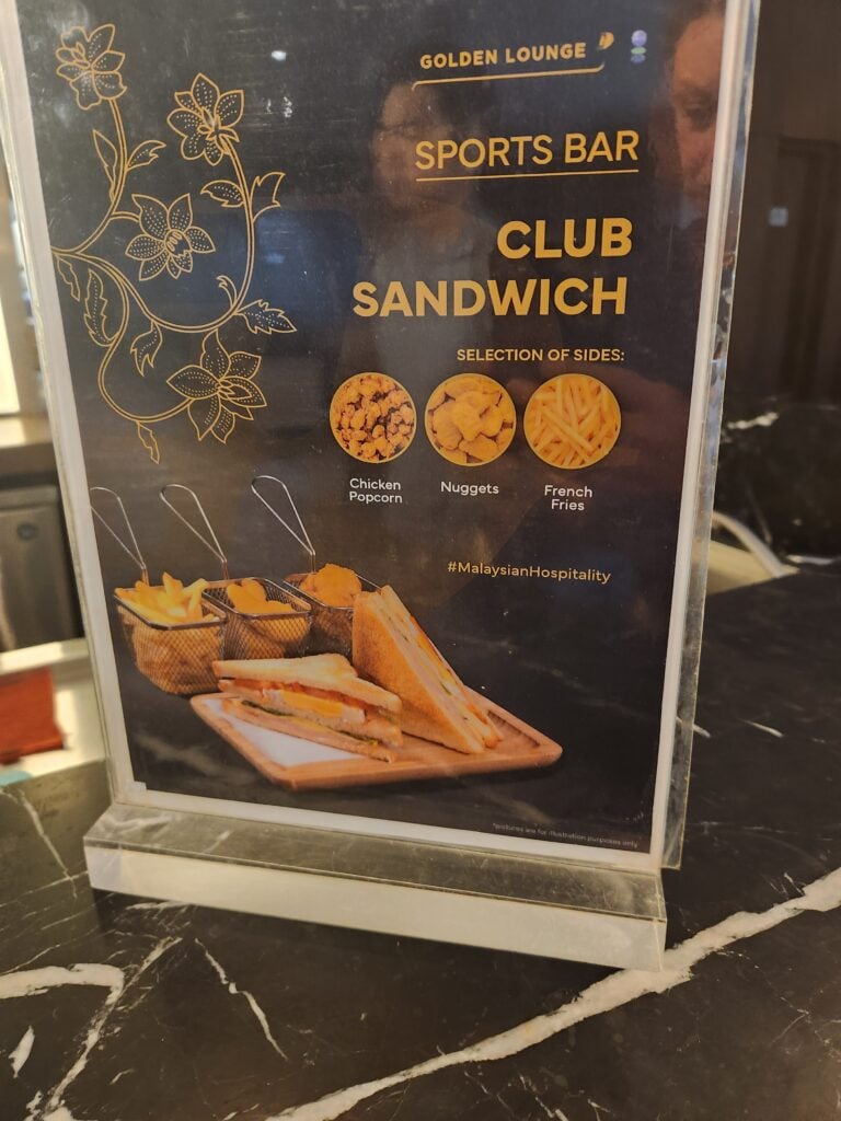 Sports bar menu Malaysia Airlines Golden Lounge