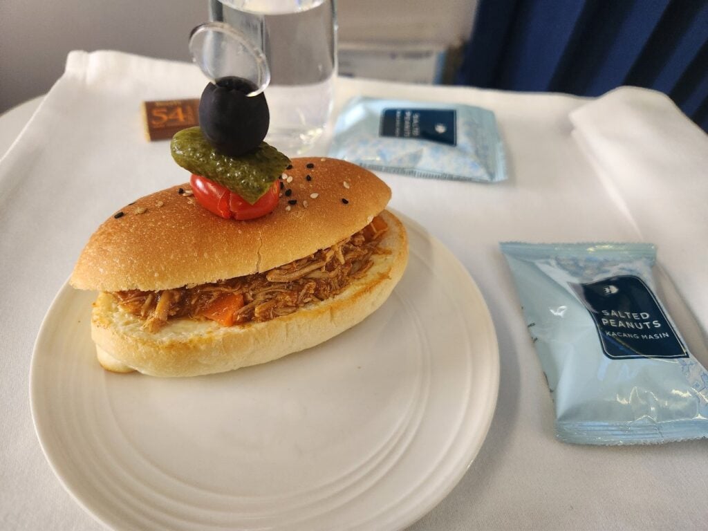 Malaysia Airlines Business Class Food Review - Kuala Lumpur to Singapore - Malaysia Airlines business class Chicken sandwich Malaysia Airways business class food