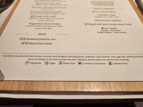 dietary requirements on menu in The Dining Room The pier First Lounge food