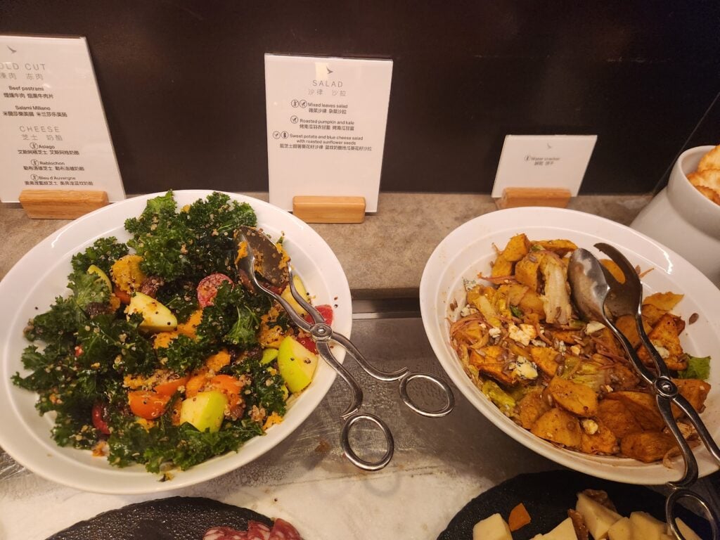 Cathay Pacific The Deck Lounge Food and Nutrition Review - Hong Kong - The Deck Lounge food Roast pumpkin and kale salad, and sweet potato and blue cheese salad