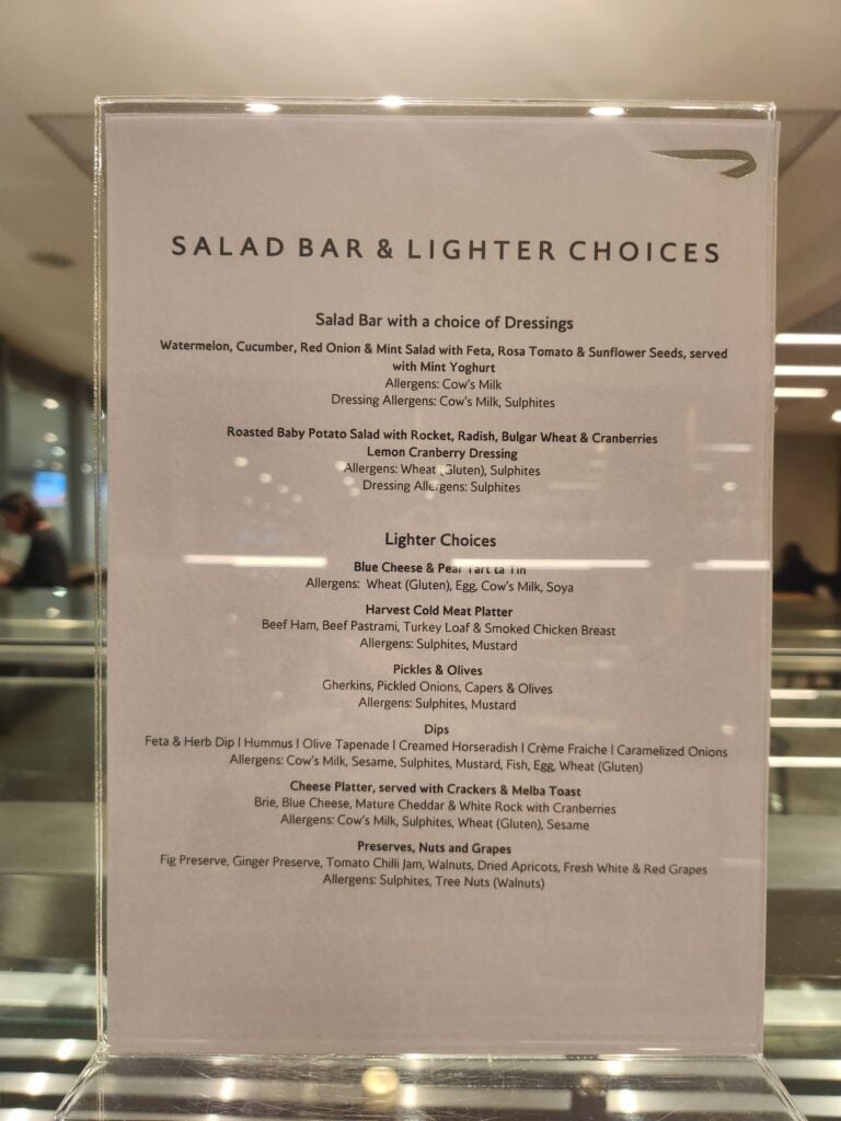 British Airways Lounge Food and Nutrition Review - Johannesburg, South Africa - British Airways Lounge food Salad bar menu British Airways Lounge food Johannesburg