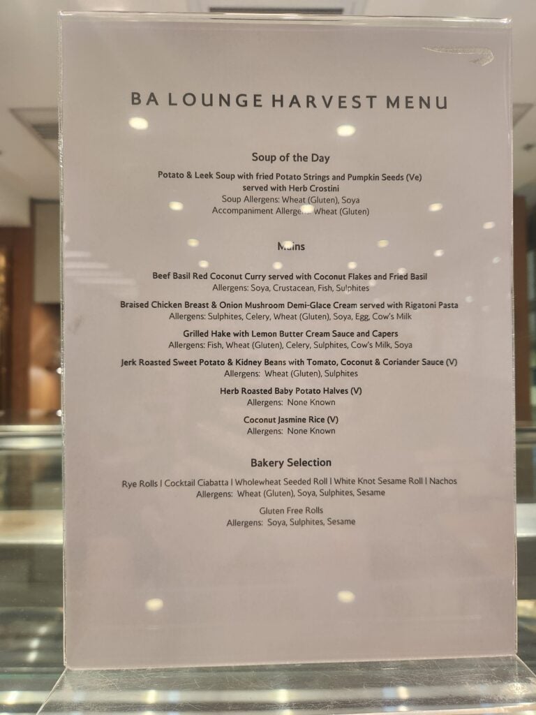 British Airways Lounge Food and Nutrition Review - Johannesburg, South Africa - British Airways Lounge food Hot food menu British Airways Lounge food Johannesburg