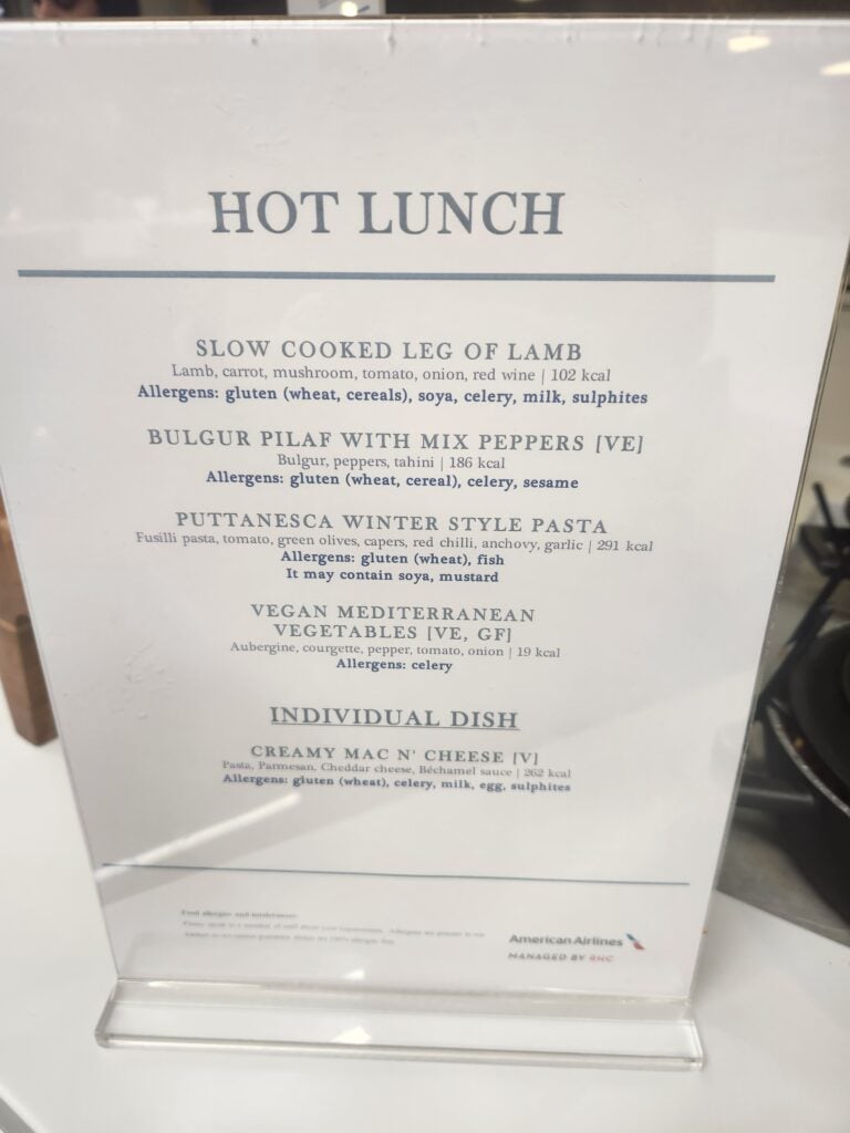 American Airlines First Lounge Food and Nutrition Review - London Heathrow (T3) - American Airlines First Lounge London food Hot dishes menu American Airlines First Lounge London