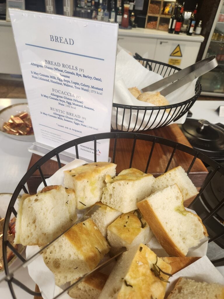 American Airlines First Lounge Food and Nutrition Review - London Heathrow (T3) - American Airlines First Lounge London food Foccacia