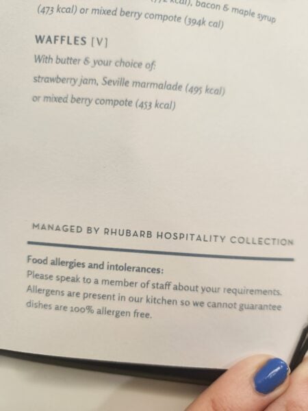 Food allergy warning American Airlines Lounge London t3