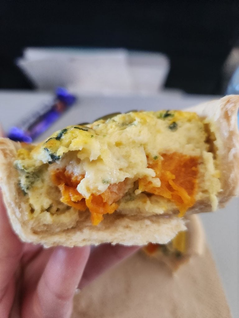 Qantas Economy Class Food Review - Cairns to Melbourne - Qantas Economy Inside the pumpkin, spinach and parmesan quiche on Qantas economy food